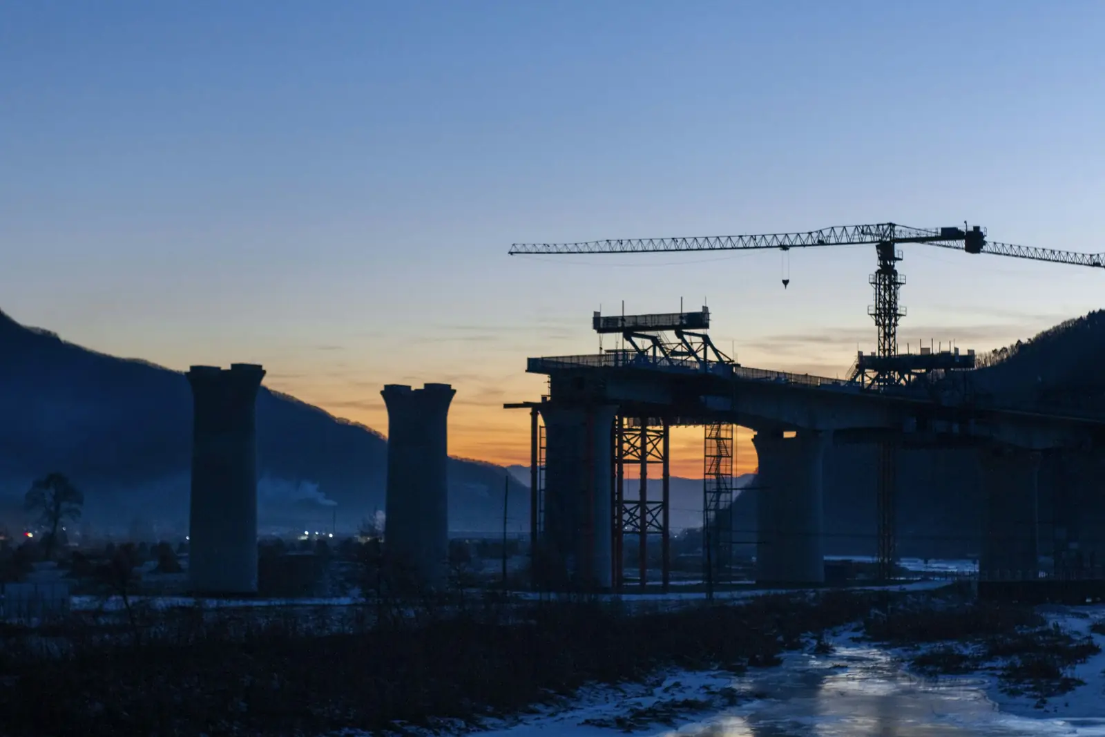 Bridge construction at dusk