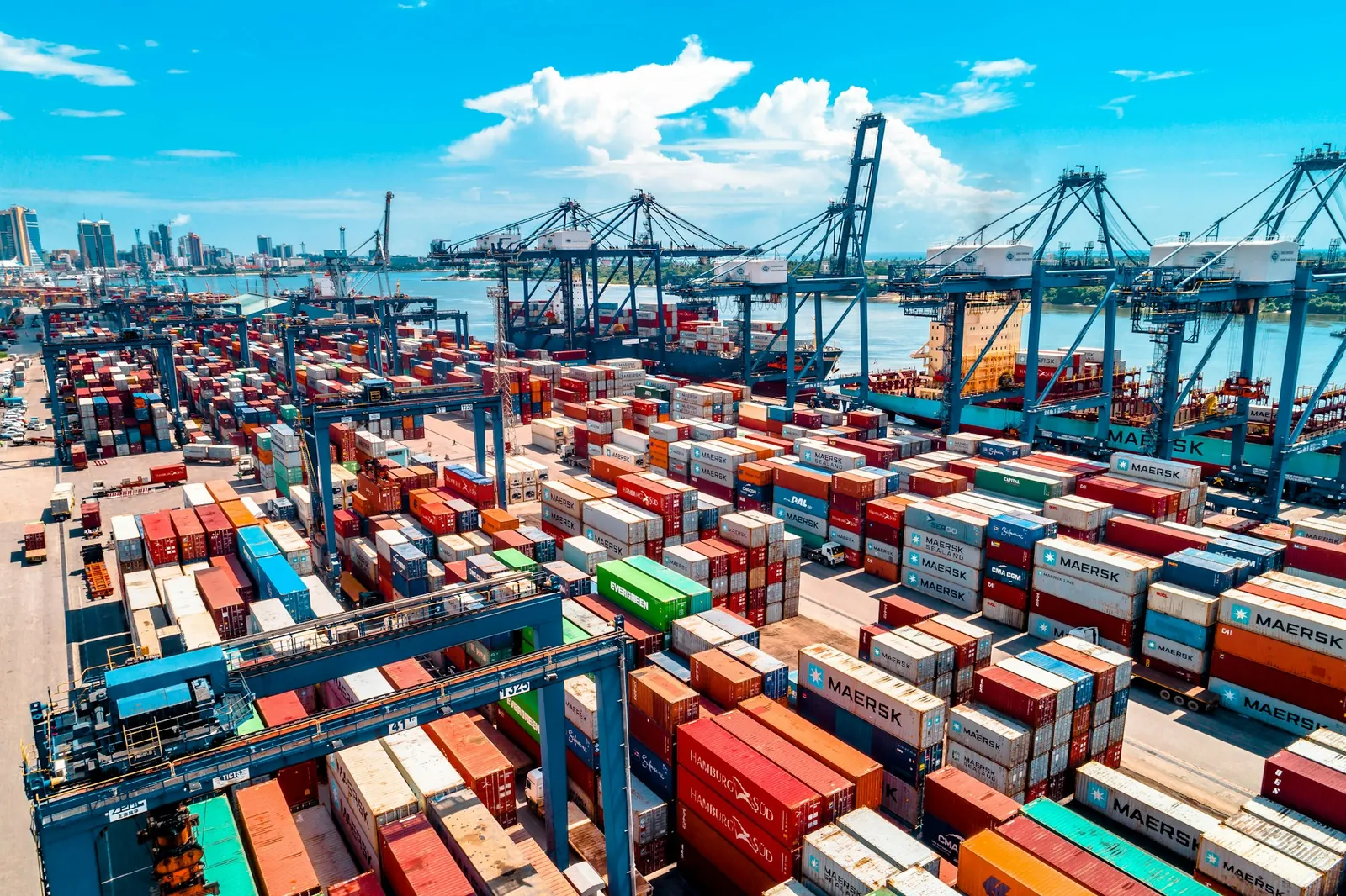 Container port under a blue sky